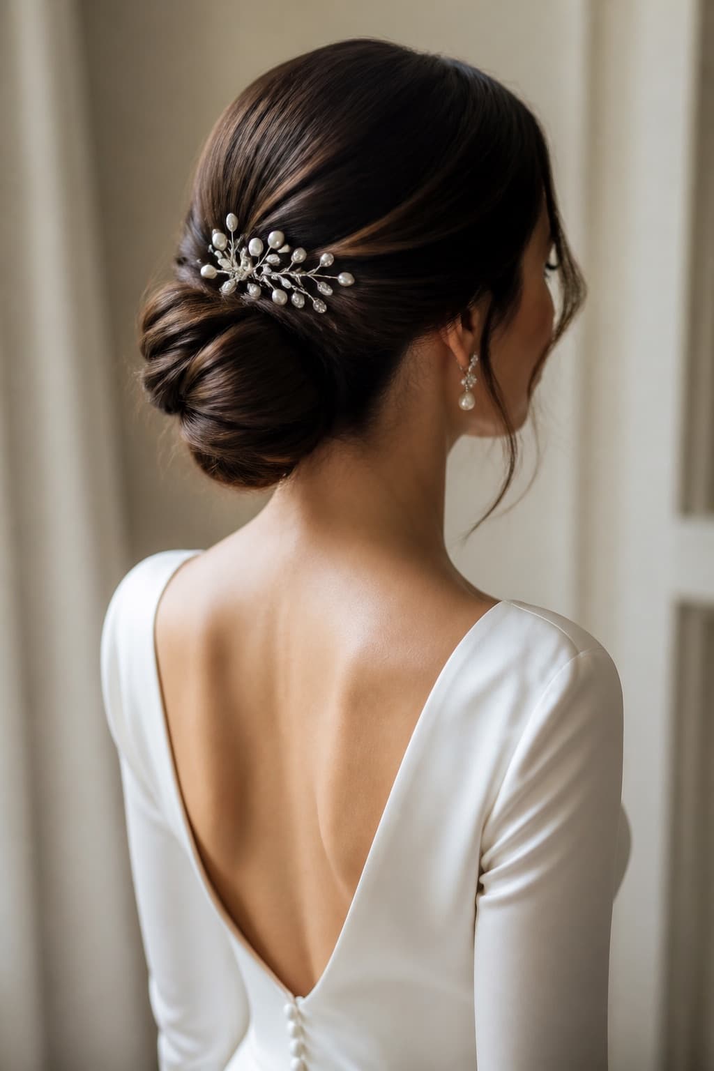 Low twisted bridal chignon with a pearl hair pin