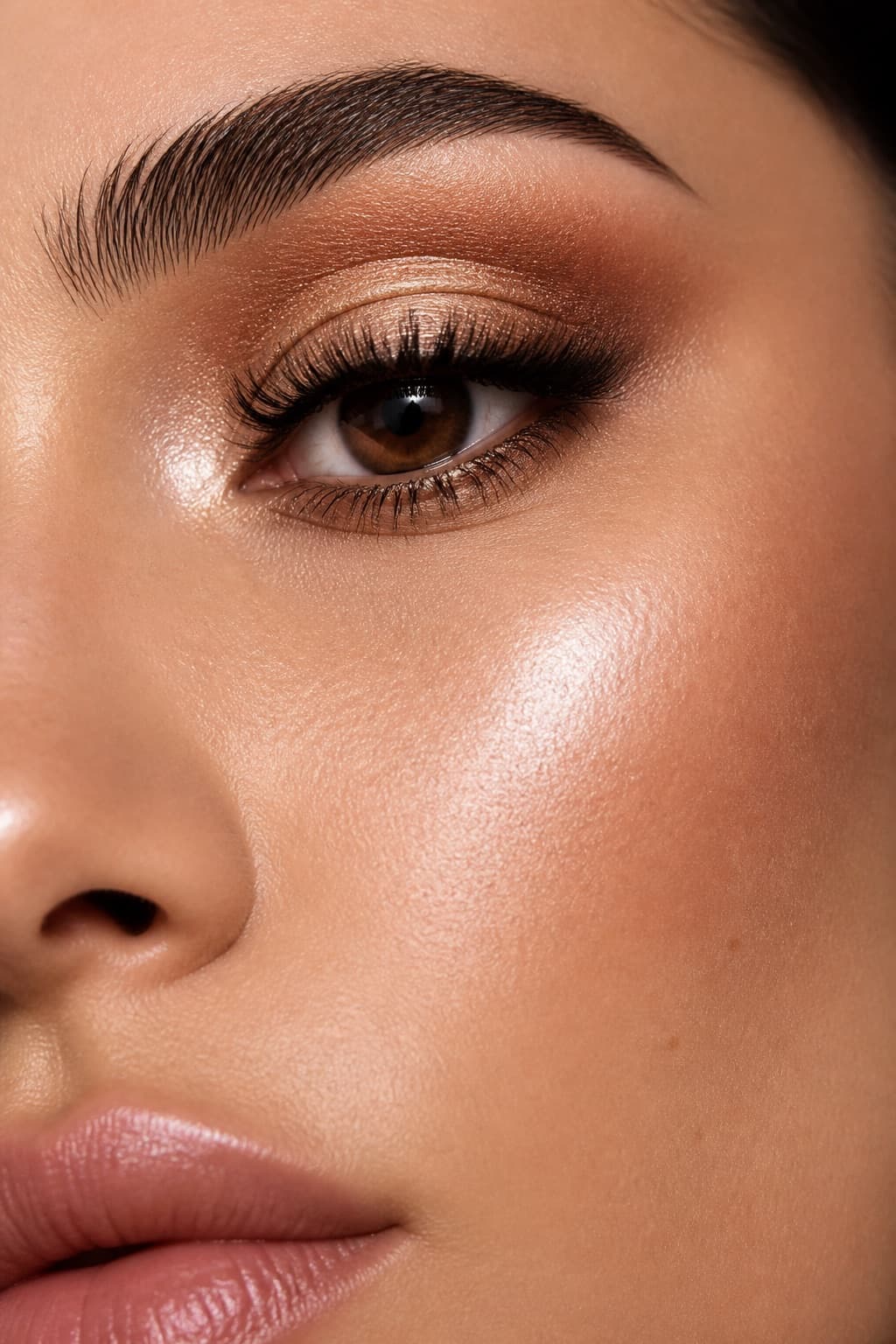 Close-up of bronze shimmer eye makeup and glowing skin