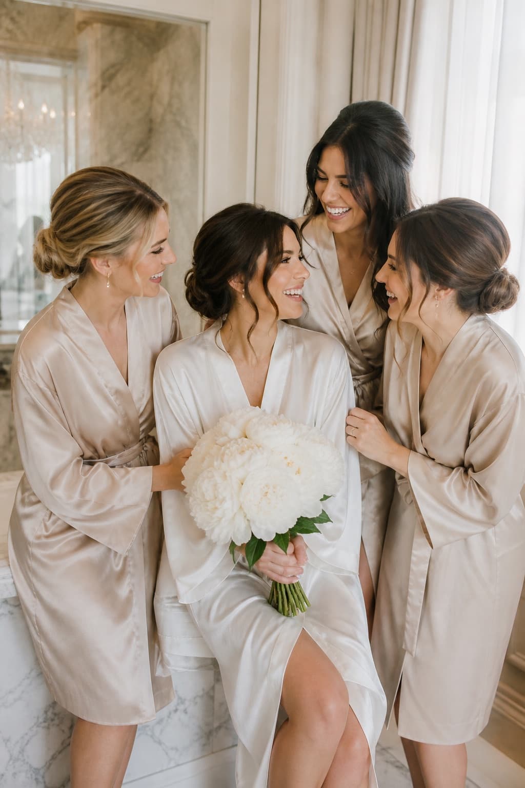 Bride laughing with three bridesmaids in satin robes