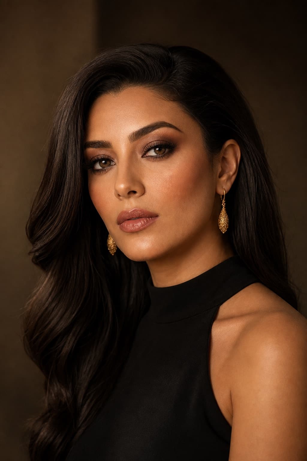 Evening event makeup with soft smokey eyes and sleek hair
