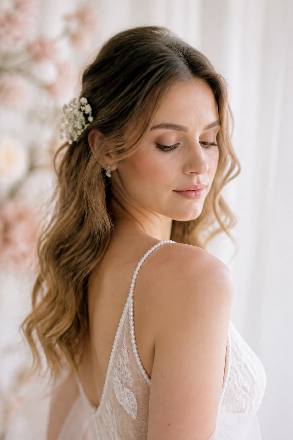 Bride with natural makeup and loose waves in soft light