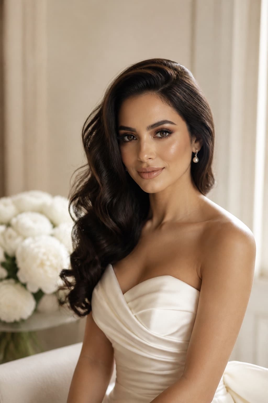 Bride with soft glam makeup and long dark waves in an ivory silk gown